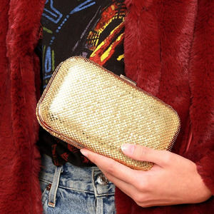 Lulus Avangeline Chainmail Box Top Clasp Fully Lined Clutch Purse Gold NO CHAIN